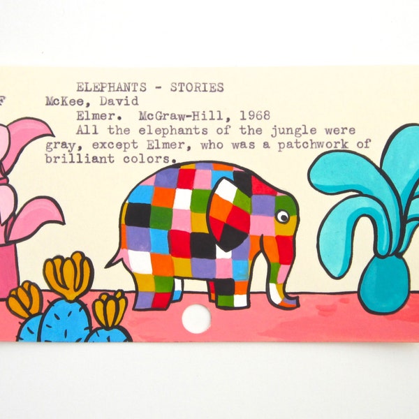 Elmer Library Card Art - impression de ma peinture Elmer l'éléphant sur la carte de bibliothèque