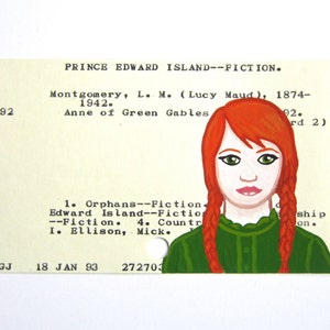 Anne of Green Gables Library Card Art - afdruk van mijn schilderij van Anne op bibliotheekkaart cataloguskaart voor L.M. Mongomery's Anne of Green Gables