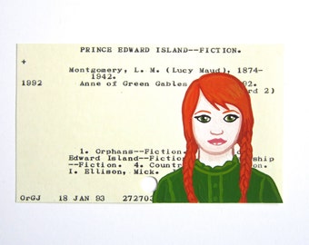 Anne of Green Gables Library Card Art - Print of my painting of Anne on library card catalog card for L.M. Mongomery's Anne of Green Gables