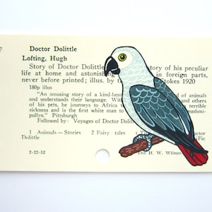 Dr. Dolittle Library Card Art - Print meiner Malerei Papagei auf Zettelkatalog Bibliotheksausweis