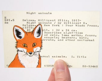 Fox on Library Card - Print of my painting of woodland fox on library card catalog card for the book Night Animals