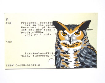 Owl Library Card Art - Print of my painting of great horned owl on library card for Owl in the Garden