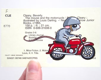 The Mouse and the Motorcycle Library Card Art - Print of my painting of Ralph and his motorcycle on library card catalog card