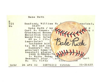 Babe Ruth Baseball on Library Card - Print of my painting of a signed baseball on a library card for the book Babe Ruth