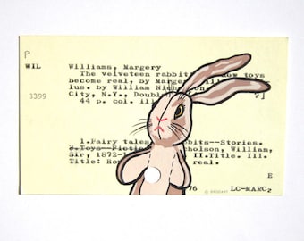 Arte de tarjeta de biblioteca de Velveteen Rabbit: impresión de mi pintura de Velveteen Rabbit en una tarjeta de biblioteca para el libro Velveteen Rabbit