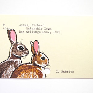 Watership Down Library Card Art - Print of my painting of rabbits on library card catalog card