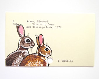 Watership Down Library Card Art - Print of my painting of rabbits on library card catalog card