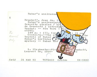 Arte de la tarjeta de la biblioteca de Babar: Impresión de mi pintura de Babar y Celeste en la tarjeta de la biblioteca - Los viajes de Babar - Le Voyage of Babar