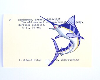 Ernest Hemingway Library Card Art - Print of my painting of a marlin