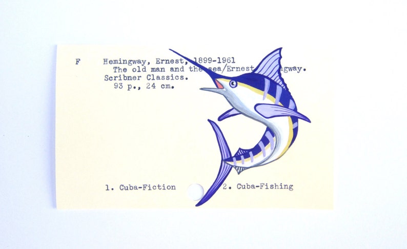 Ernest Hemingway Library Card Art Print of my painting of a marlin image 1