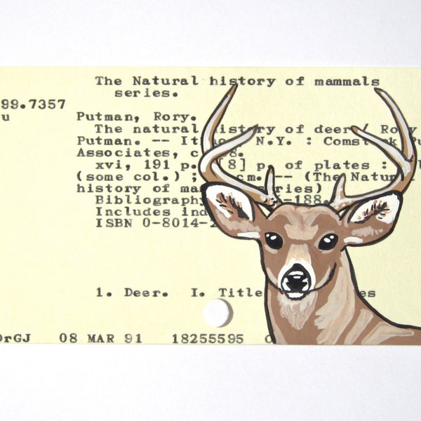 Deer on Library Card - Print of deer painted on library card catalog card for the book The Natural History of Deer
