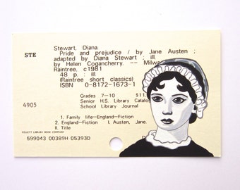 Jane Austen Library Card Art - Print of my painting of Jane Austen on library card for Pride and Prejudice