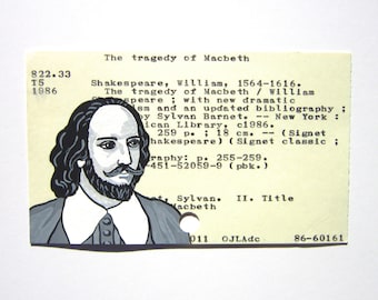 William Shakespeare Library Card Art - Print of my painting of William Shakespeare on library card catalog card