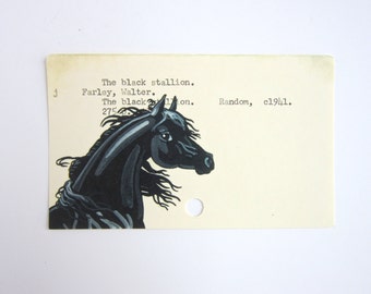 The Black Stallion by Walter Farley - Print of the Black Stallion painted on library card catalog card for The Black Stallion