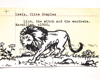 The Lion, The Witch and the Wardrobe Library Card Art - Print of my painting of Aslan the lion on library card catalog card