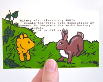 Winnie the Pooh Library Card Art - Print of my painting of Winnie-the-Pooh stuck in a rabbit hole - A. A. Milne