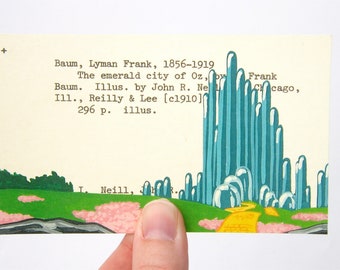 Emerald City of Oz - Print of Emerald City painted on library card catalog card for the book The Emerald City of Oz