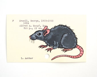 George Orwell 1984 - Print of my painting of a rat on a library card for 1984