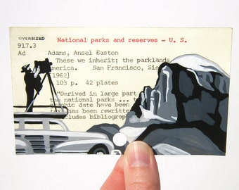 Print of Ansel Adams and Half Dome painted on Library Card - These We Inherit: The Parklands of America