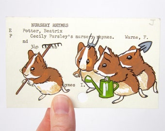 Beatrix Potter Cecily Parsley's Nursery Rhymes - Print of the Gardening Guinea Pigs painted on library card