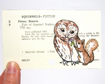 Beatrix Potter Squirrel Nutkin - Print of painting of Squirrel Nutkin and owl on library card catalog card for The Tale of Squirrel Nutkin