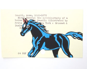 Black Beauty Library Cart Art - Print of my painting of horse on library card catalog card