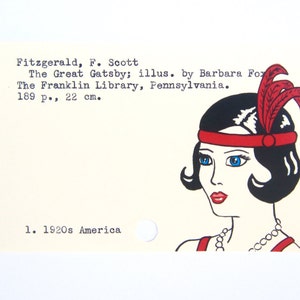 El gran Gatsby - Impresión de mi pintura de una flapper en una tarjeta de biblioteca para El gran Gatsby