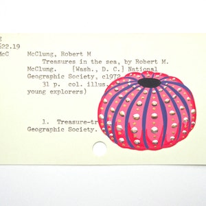 Urchin Library Card Art - Print of my painting of a pink, purple and gold sea urchin on a library card catalog card