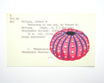 Urchin Library Card Art - Print of my painting of a pink, purple and gold sea urchin on a library card catalog card