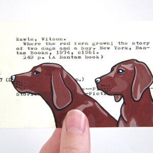Carte de bibliothèque où pousse la fougère rouge - Impression de ma peinture de chiens courants sur une fiche technique du catalogue pour Où pousse la fougère rouge