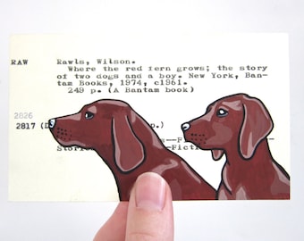 Where the Red Fern Grows Library Card Art - Print of my painting of hounds on library card catalog card for Where the Red Fern Grows