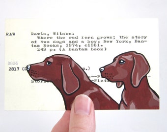 Arte de tarjeta de biblioteca de Donde crece el helecho rojo: impresión de mi pintura de perros en la tarjeta del catálogo de la biblioteca para Donde crece el helecho rojo