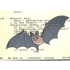 Bat Library Card Art - Print of my painting of bat on library card catalog card for book Bats: Mysterious Flyers of the Night