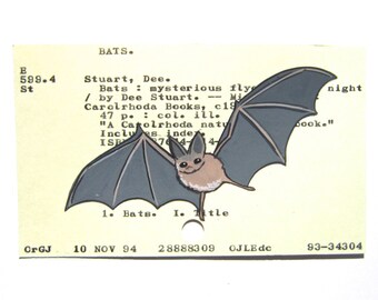 Bat Library Card Art - Print of my painting of bat on library card catalog card for book Bats: Mysterious Flyers of the Night