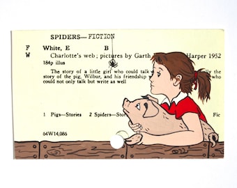 Charlotte&#39;s Web by E.B. White - Print of Charlotte the spider, Wilbur the pig and Fern the girl painted on library card