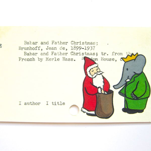 Babar and Father Christmas Library Card Art - Print of my painting on card for the book Babar and Father Christmas