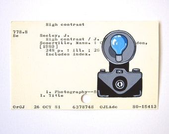 Vintage Camera Library Card Art - Print of my painting of a vintage camera with blue flashbulb on library card