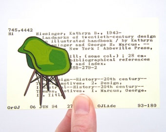 Eames Chair Library Card Art - Print of painting of green Eames chair on library card for the book Landmarks of Twentieth-Century Design