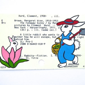 The Runaway Bunny Library Card Art - Print of my painting of a young bunny and his mom on library card for The Runaway Bunny