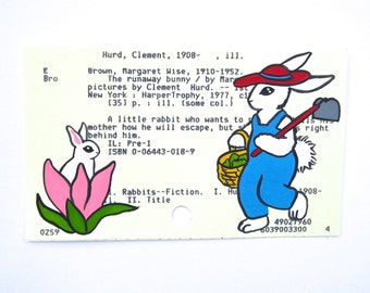 The Runaway Bunny Library Card Art - Print of my painting of a young bunny and his mom on library card for The Runaway Bunny