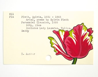 Sylvia Plath Library Card Art - Print of my painting of a tulip on library card for Ariel