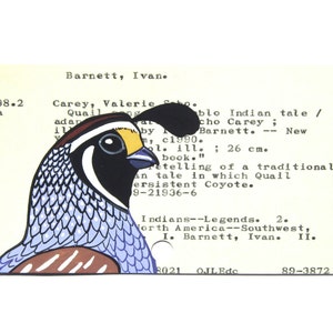 Quail Library Card Art - Print of my painting of a quail on library card for the book Quail Song