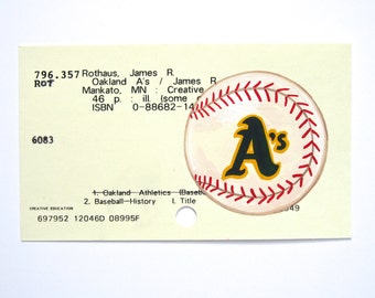 Oakland A's Baseball Library Card Art - Print of my painting of an A's baseball on library card for the book Oakland A's