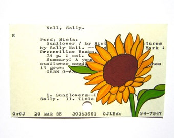 Sunflower Library Card Art - Print of my painting of a sunflower done on a library card catalog card for the book Sunflower