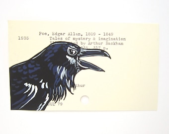 Edgar Allan Poe Library Card Art - Print of my painting of raven on Poe library card