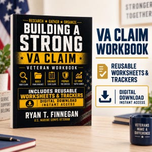 May include: A book titled Building a Strong VA Claim Veteran Workbook by Ryan T. Finnegan with a black cover featuring a yellow banner, American flag graphics, and text detailing reusable worksheets, trackers, and digital download instant access.