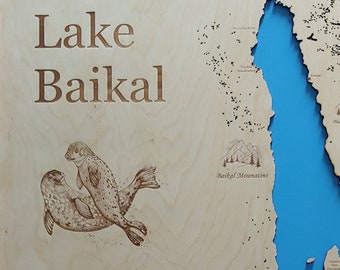 Lago Baikal en Siberia, Rusia - Mapa de madera cortada / grabada con láser de precisión El lago de agua dulce más grande del mundo