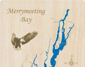 Lincoln and Cumberland Counties Maine Wood Laser Cut Engraved Map Merrymeeting Bay in Sagahadoc