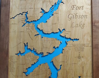 Fort Gibson, OK -- Mapa de madera cortada / grabada con láser de precisión