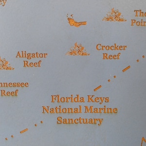 Puede incluir: Un mapa del Santuario Marino Nacional de los Cayos de Florida, que muestra las ubicaciones de Alligator Reef, Tennessee Reef, Crocker Reef y The Point. El mapa est&aacute; impreso en un fondo azul claro con texto naranja.